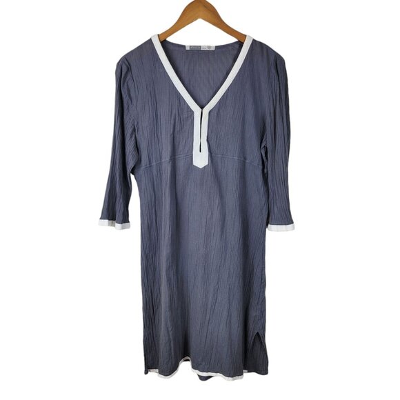 Athleta Crepe Crinkle Tunic Dress Large Gray White Trim 3/4 Sleeves lightweight - Picture 2 of 7
